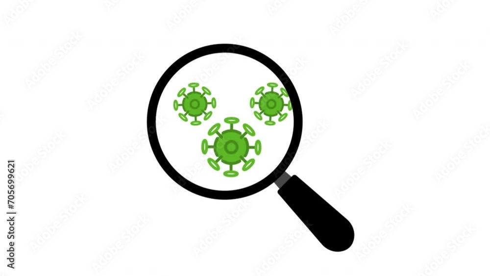 2D Animation of Virus or Bacteria seen thru and detected by a magnifying glass, transparent background embed, alpha channel included. 2D Animation of Virus or Bacteria seen thru and detected by a magnifying glass, transparent background embed, alpha channel included.