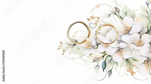  Elegant wedding invitation card with white flowers and golden rings