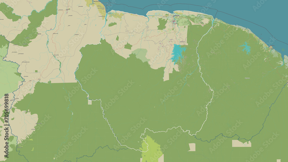 Suriname outlined. OSM Topographic Humanitarian style map
