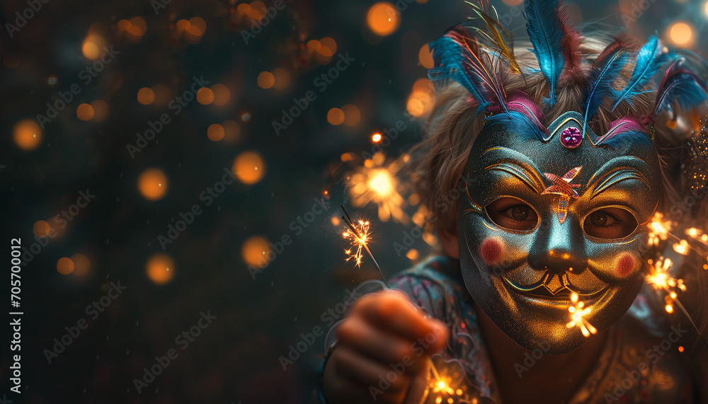 Banner with child in gold Carnival mask with feathers, sparklers in hands on dark background with blur lights in the evening time. Festive, Birthday, Party, celebration