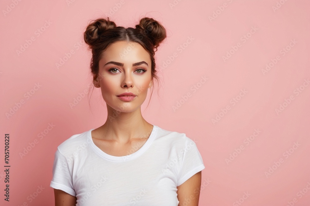 Close-up portrait of a beautiful young woman wearing a white T-shirt and looking at the camera on a pink background with a copy space. Close-up portrait of a beautiful young woman wearing a white T-shirt and looking at the camera on a pink background with a copy space.