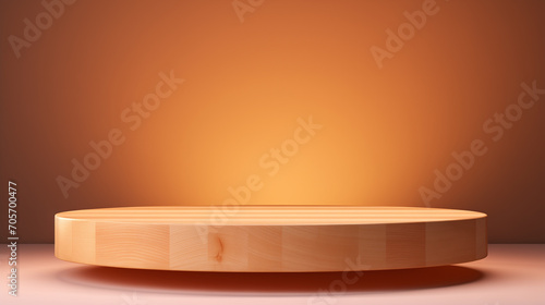 Wooden podium in the studio room. Mockup platform podium for product display on dark background.