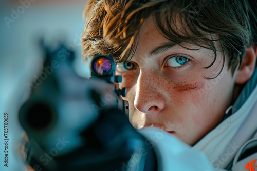 A pentathlon participant in the laser-run event, aiming and shooting at a target, with determination in their eyes. photo