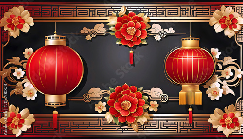vector illustration, Chinese New Year greetings, traditional Chinese floral patterns and red lanterns, blank background for copy,