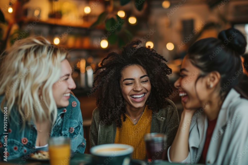 Diverse Group of Friends Laughing in Cafe, Friendship Concept Diverse Group of Friends Laughing in Cafe, Friendship Concept