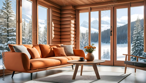 Cozy sofa with pillows and a coffee table by the window overlooking the winter forest, Scandinavian interior design of a modern living room in a chalet, Modern interior design with decoration, © Perecciv