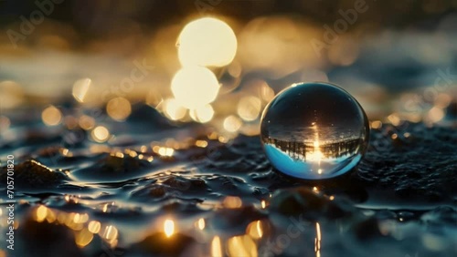 round spherical water drop on the ground with a reflection of the forest, sunrise and lake in it.  photo