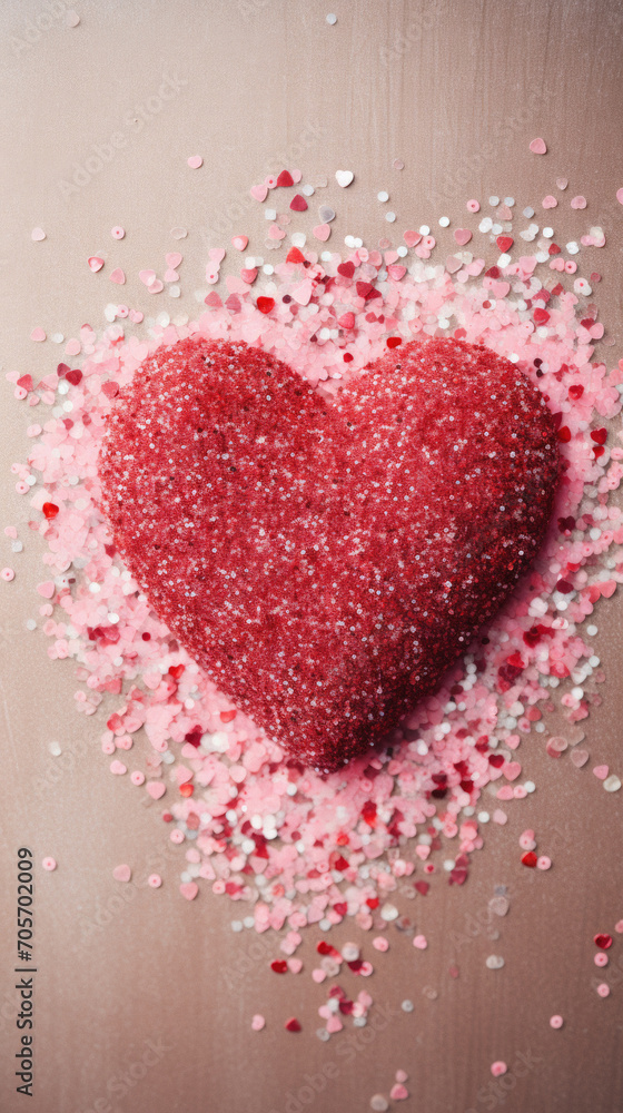 Red heart on a pink background with confetti. Valentines day.