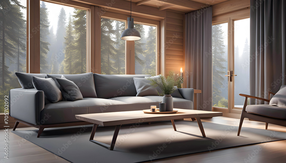 Cozy sofa with pillows and a coffee table by the window overlooking the winter forest, Scandinavian interior design of a modern living room in a chalet, Modern interior design with decoration, Cozy sofa with pillows and a coffee table by the window overlooking the winter forest, Scandinavian interior design of a modern living room in a chalet, Modern interior design with decoration,