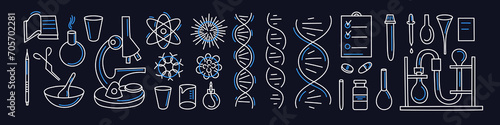 Chemistry, biology, dna art line set. Doodle sign