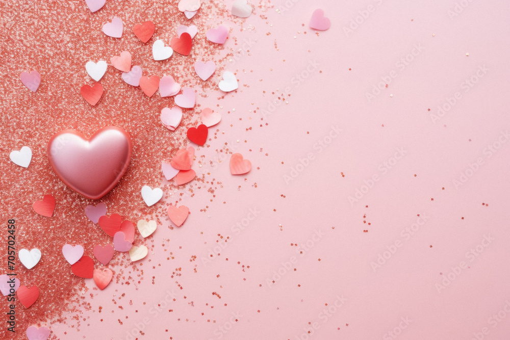 Valentine's day background with pink hearts and confetti.