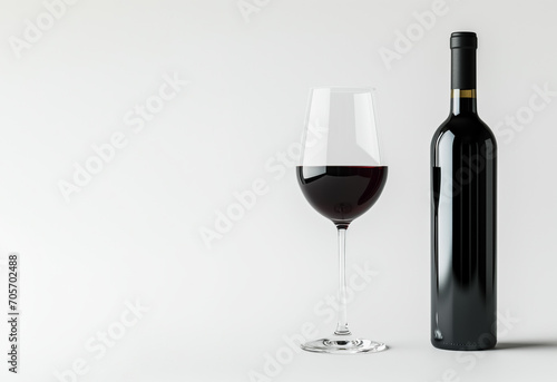 Bottle and glass of red wine on a white background. Copy space. 