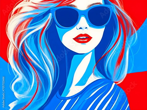  beautiful girl with sunglasses illustration red blue generative AI