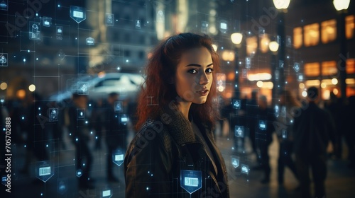 Urban evening environment with young female's face focused by recognition software
