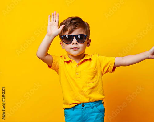 beautiful boy with sunglasses yellow background generative AI