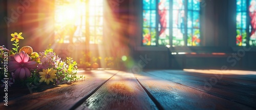 Bright Church Setting with Stained Glass for Easter Theme

 photo