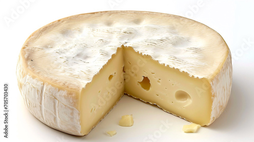 Camembert cheese with holes on a white background close-up