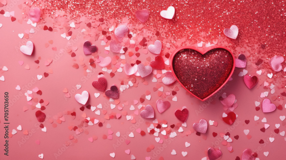 Valentine's day background. Red heart and confetti on pink background.