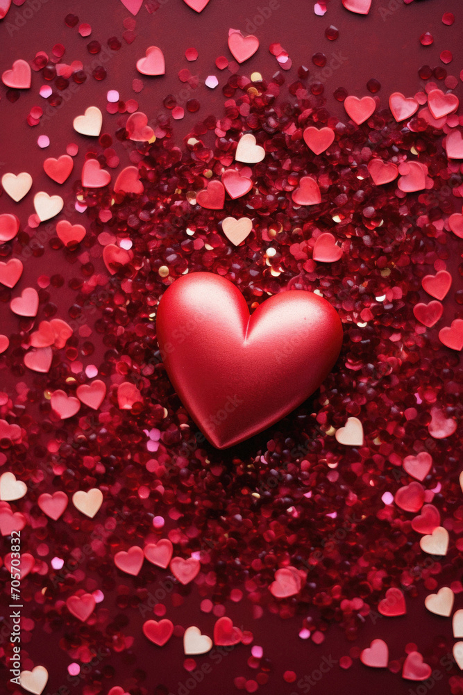 Valentine's day background with red heart and confetti.