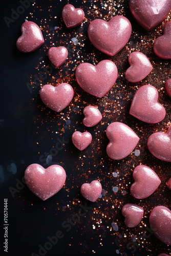 Pink hearts confetti on black background. Valentines day concept.
