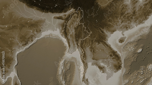 Myanmar outlined. Sepia elevation map photo