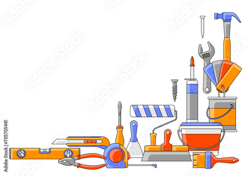 Background with repair tools. Equipment for construction industry and business.
