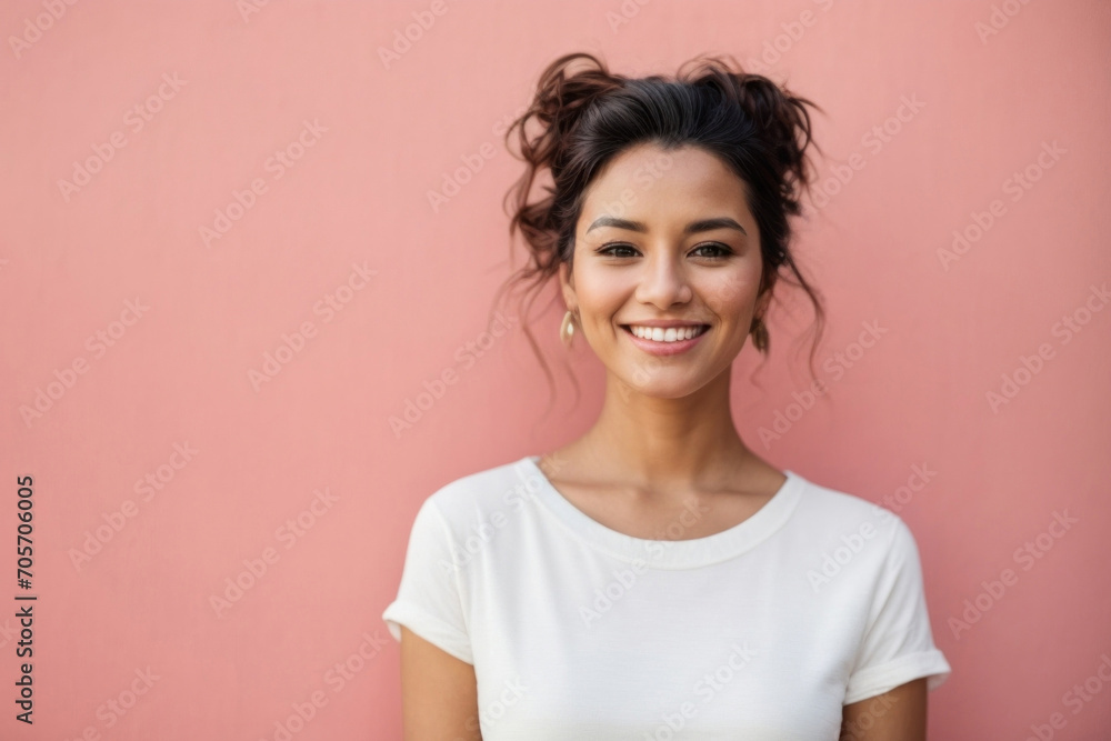 A close-up portrait of an attractive charming smiling young woman wearing a white T-shirt and looking at the camera on a pink background with a copy space. A banner for advertising. A close-up portrait of an attractive charming smiling young woman wearing a white T-shirt and looking at the camera on a pink background with a copy space. A banner for advertising.