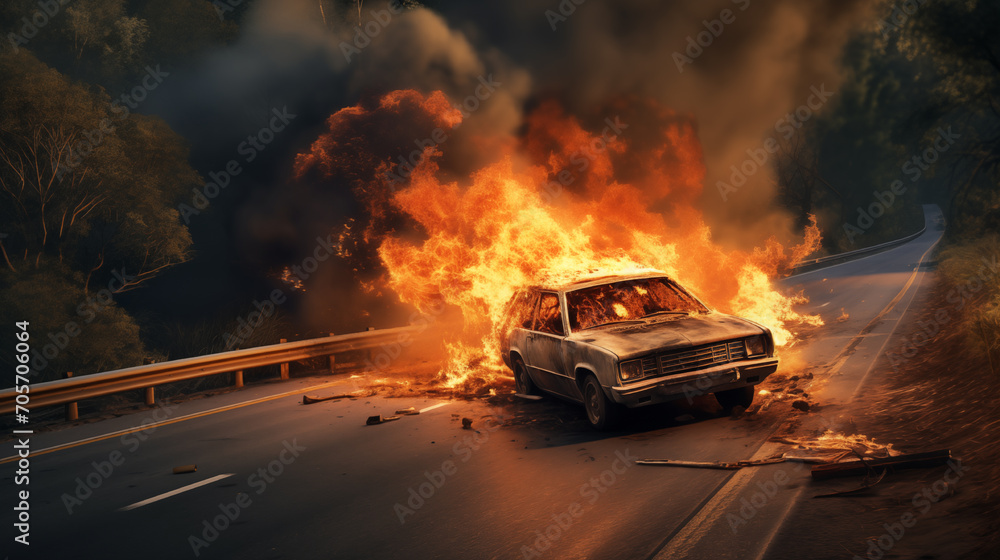 A car is speeding on the highway. Suddenly, the car hit something in front of him. The car was thrown off the road and caught fire..  generative ai