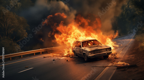 A car is speeding on the highway. Suddenly, the car hit something in front of him. The car was thrown off the road and caught fire..  generative ai © Musyarofah