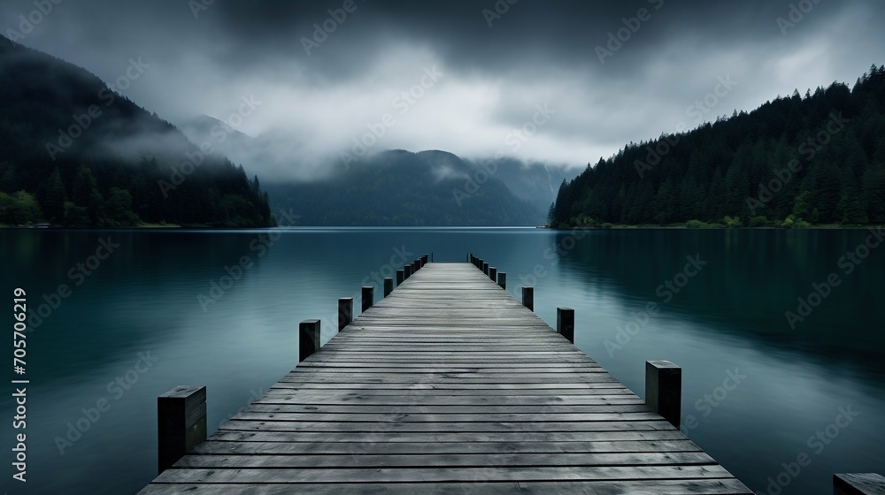 Fototapeta premium Misty Lake Pier Leading into the Mountains. Generative ai