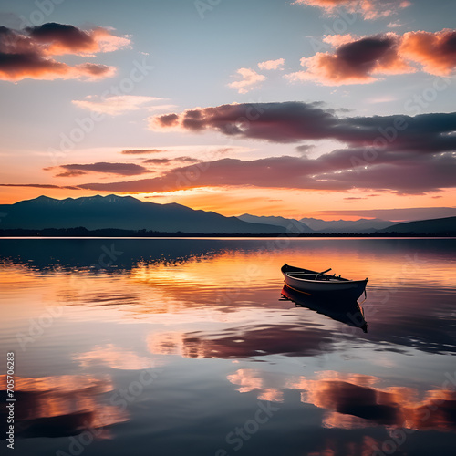 a lone boat in the middle of the lake 