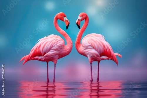 Pink flamingo on blue color in water. Generative ai © Dima