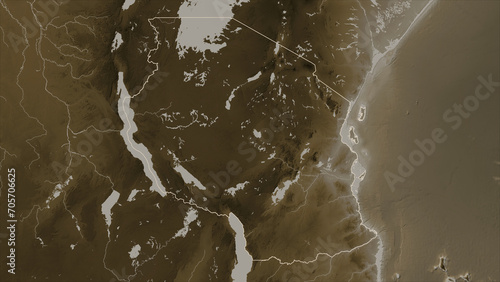 Tanzania outlined. Sepia elevation map