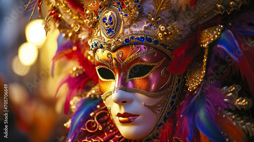Horizontal beautiful image of Venetian carnival performers wearing mask. Background for banner, flyer, advertising, travel concept © Yana