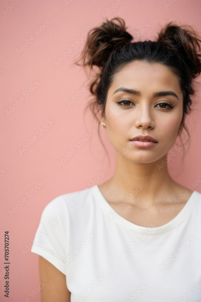 Fototapeta premium Close-up portrait of an attractive charming smiling young model girl wearing a white T-shirt and looking at the camera on a pink background with copy space.