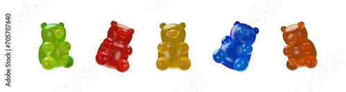 3D render collection of chewy gummy bear. Sweet colorful dessert vector illustration. Gelatin form factor vitamins, chewable supplements, edible health candy. Fruit flavors set of delicious snacks photo