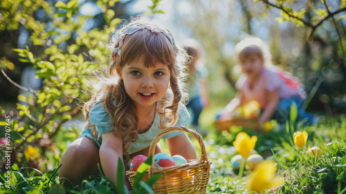 Happy and laughing children on a spring meadow with flowers, engaging in the joyful tradition of searching for colorful Easter eggs