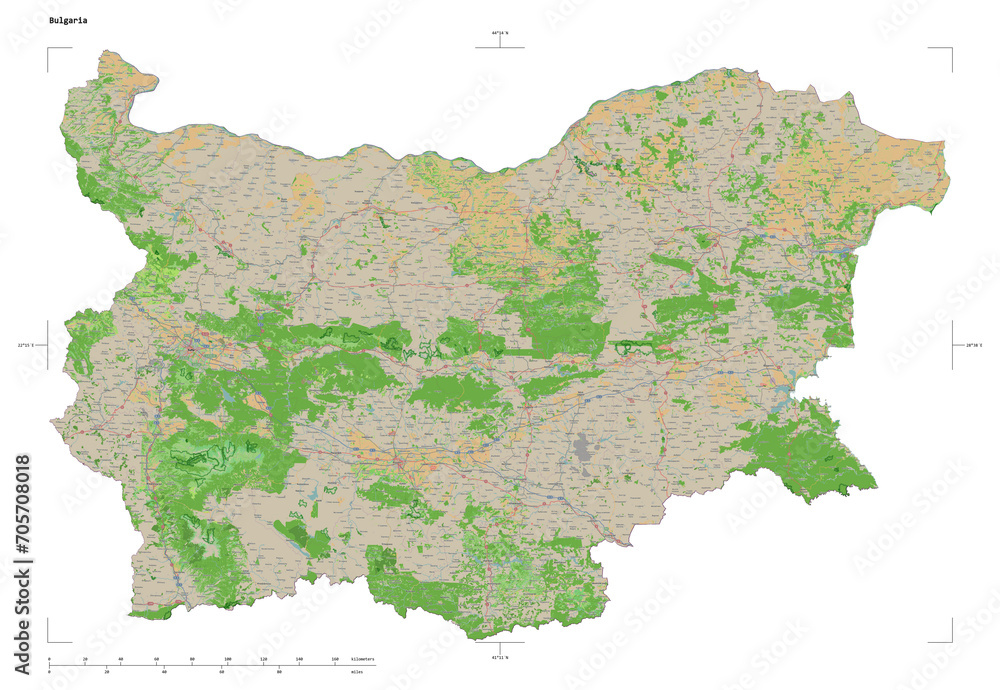 Bulgaria shape isolated on white. OSM Topographic French style map