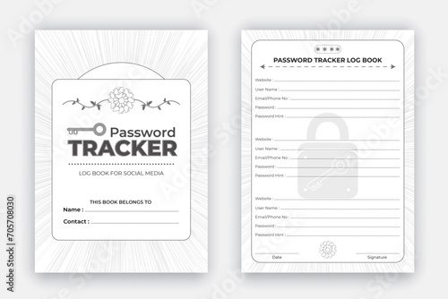 Password tracker log book design template, personal and website data format notebook, reminder journal interior with black white paper