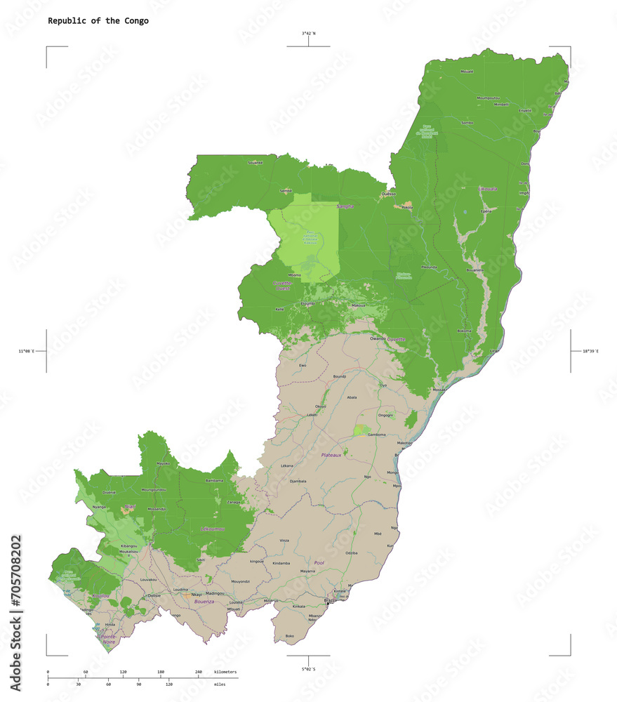 Obraz premium Republic of the Congo shape isolated on white. OSM Topographic French style map