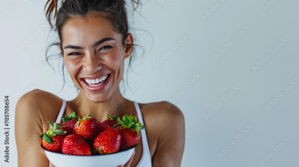 Attractive and joyful young female eat fresh strawberries isolated on white wall backdrop Attractive and joyful young female eat fresh strawberries isolated on white wall backdrop