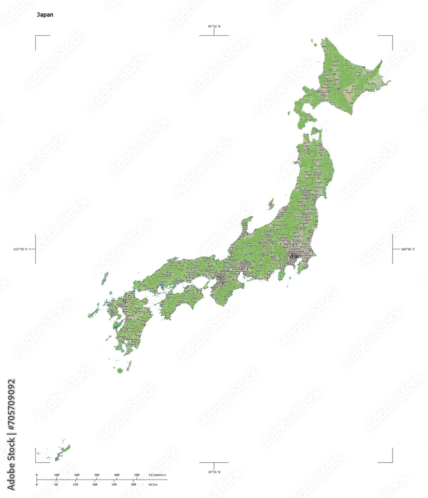 Japan shape isolated on white. OSM Topographic French style map