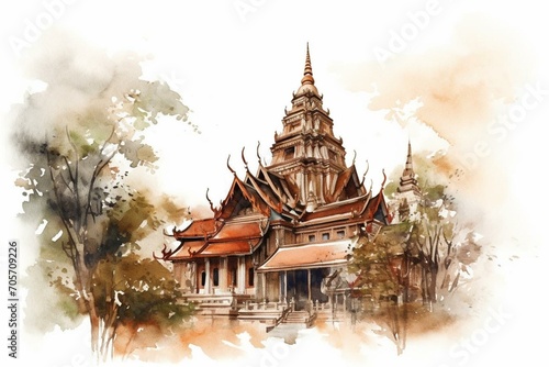 Traditional Thai architecture and watercolor illustration of ancient buildings at Wat Sa in Bangkok, Thailand. Generative AI