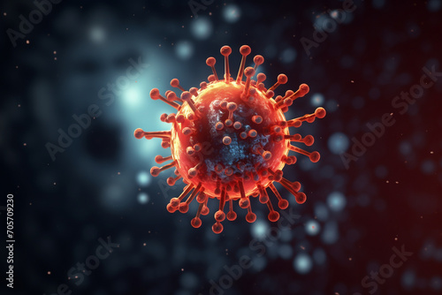 Infected droplet. 3D illustration showing one respiratory droplet containing coronavirus particles