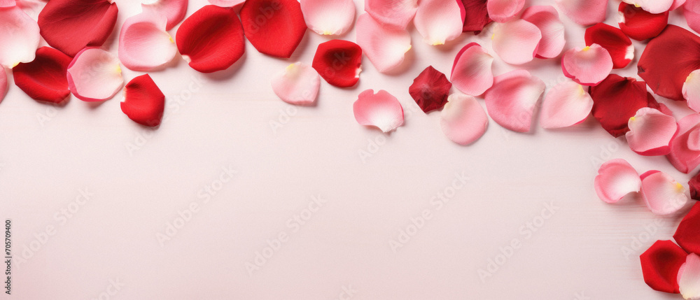 Red and pink rose petals on white wooden background. Top view.