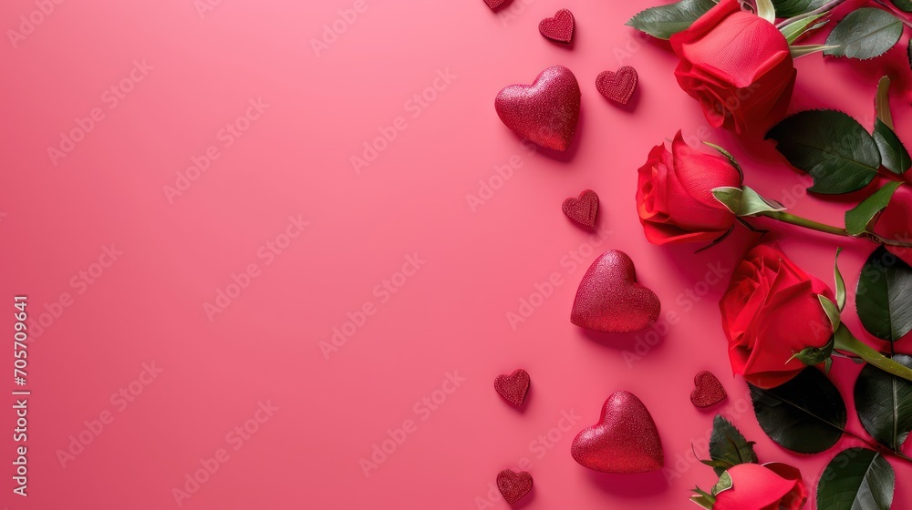 A beautiful Valentine-themed background adorned with love symbols, top view, and ample copy space A beautiful Valentine-themed background adorned with love symbols, top view, and ample copy space