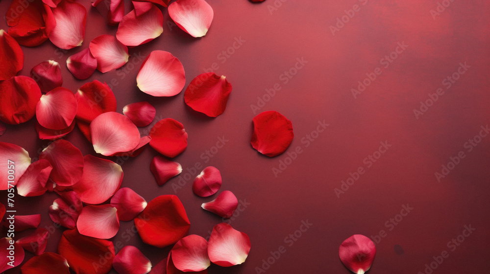 Red rose petals on red background. Valentines day background.