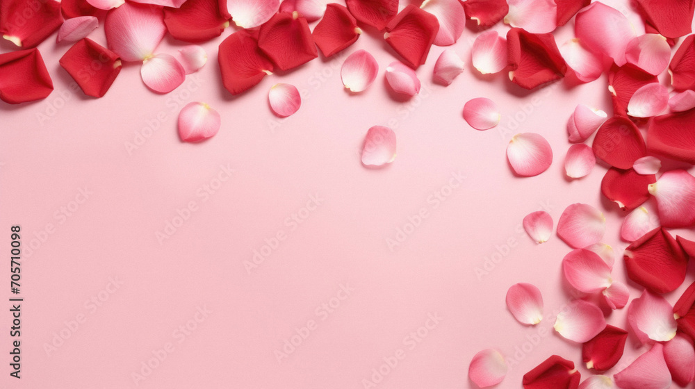 Red rose petals on pink background with copy space. Top view.