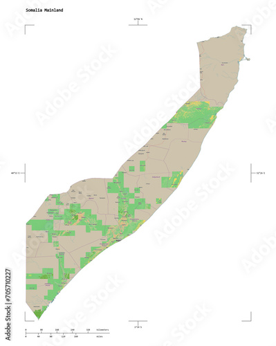 Somalia Mainland shape isolated on white. OSM Topographic French style map