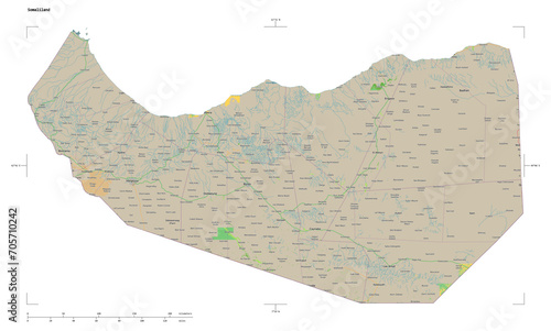 Somaliland shape isolated on white. OSM Topographic French style map